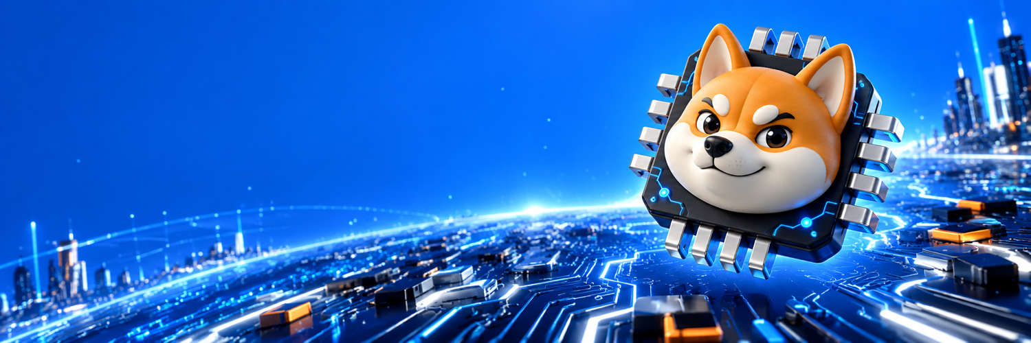 Chip Inu floating over an electric blue circuit-board world